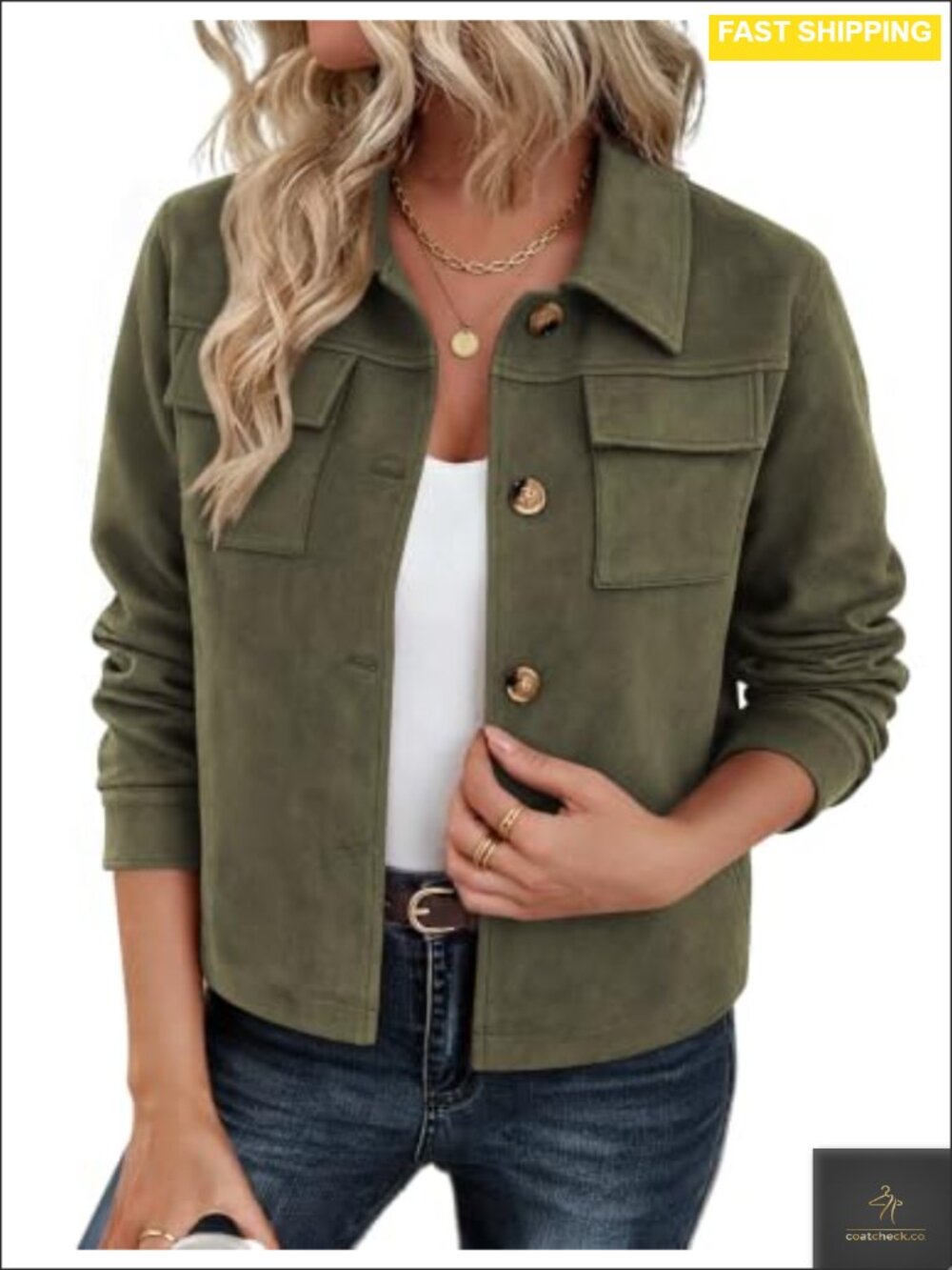 Faux Suede Cropped Jacket Button Up Shacket with Collar Long Sleeve